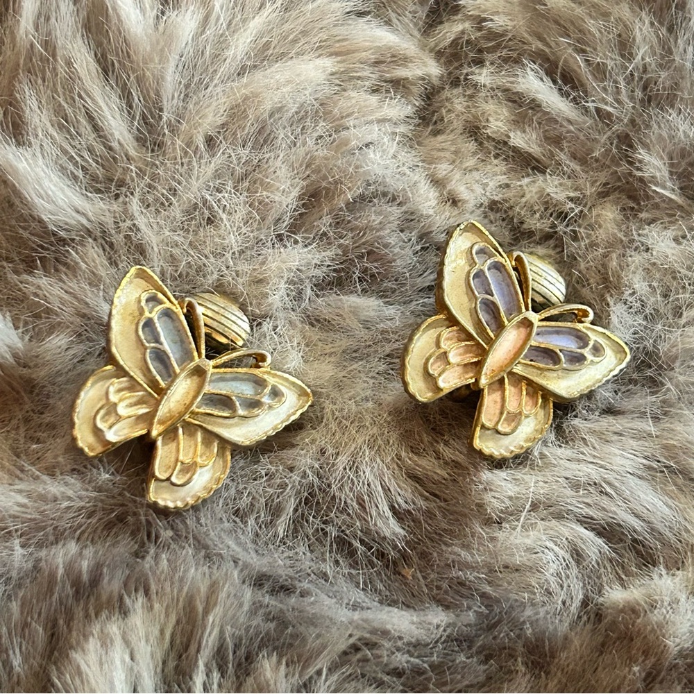 Vintage 70s enamel butterfly clip on earrings